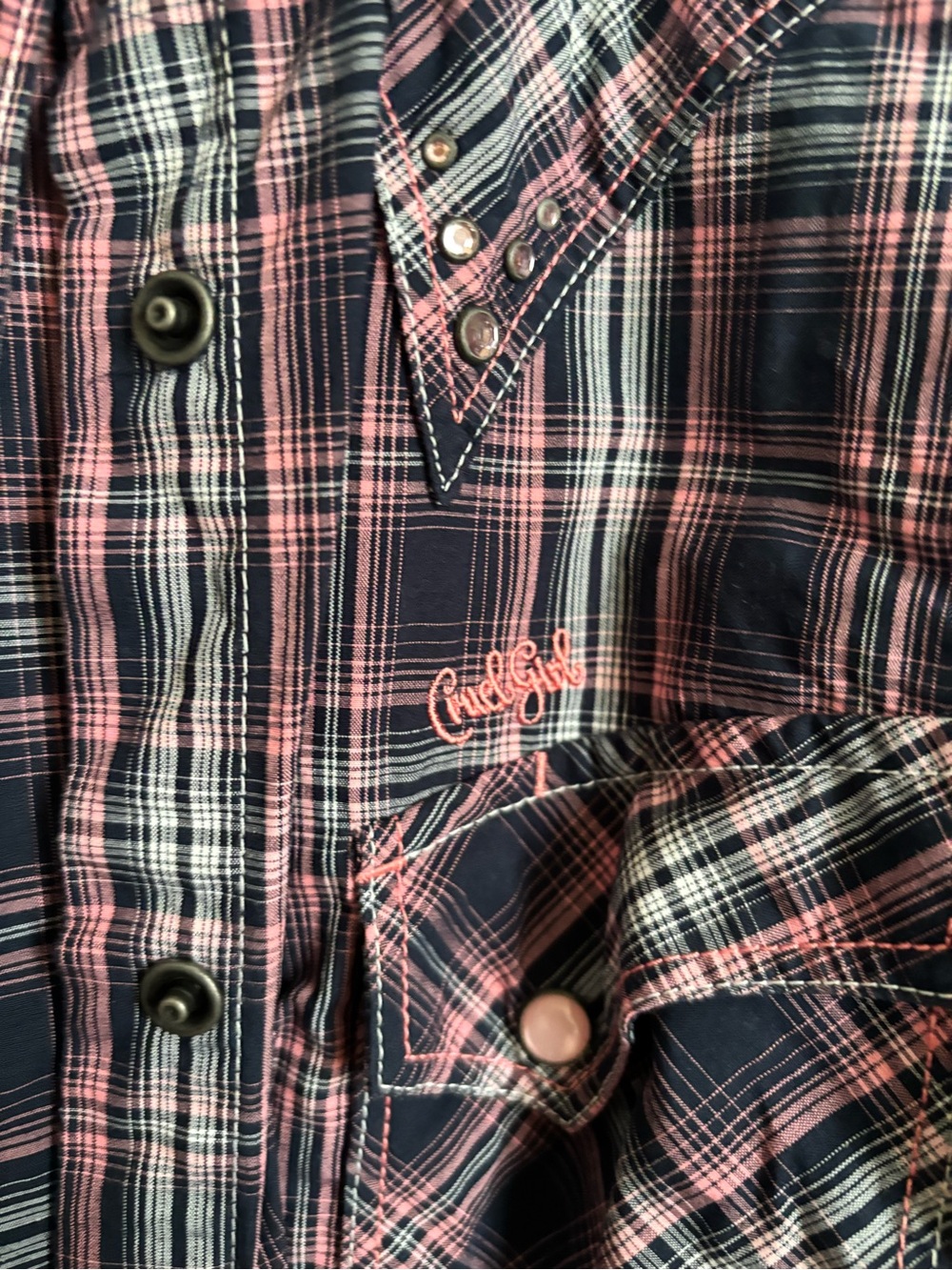 Cruel Girl Navy and Pink Plaid Snap-Front Western Shirt